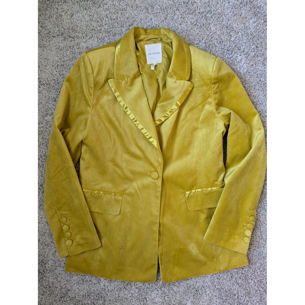 Avec Les Filles Faux‎ Suede Satin Trim Tuxedo Jacket Blazer Gold Holiday Size S